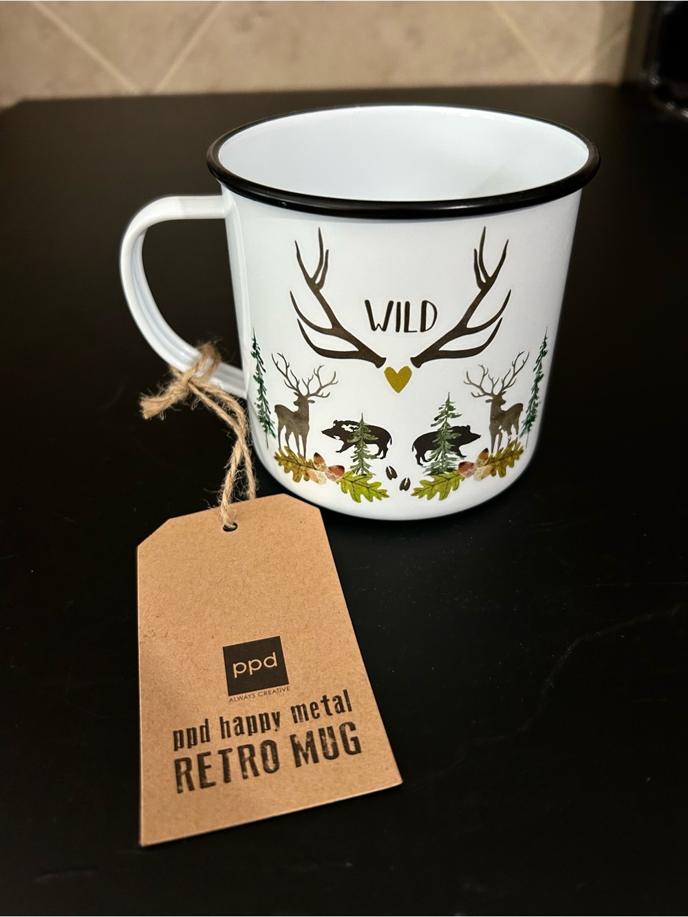 NEW PPD White German Happy Metal Retro Mug 'Wild' Camp Cup